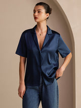 [Azul Oscuro] SilkSilky-ES Short Sleeve Lapel Collar Blusas de Mujer 003