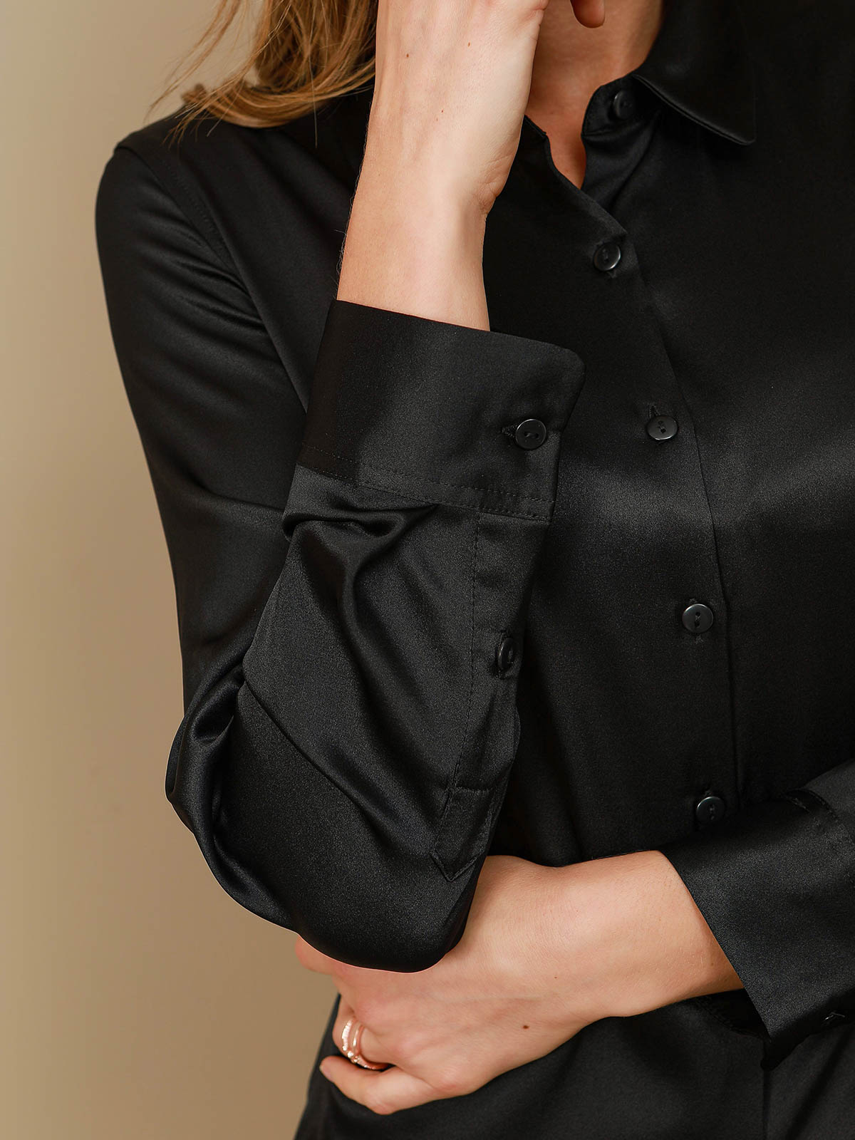 [Negro] SilkSilky-ES Seda Lapel Collar Blusas de Mujer 008