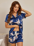 SilkSilky ES 19Momme Seda Pura Manga corta Solapa Pijamas de mujer AzulOscuro 004