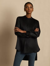 [Negro] SilkSilky-ES 19Momme Manga larga Cuello Alto Blusa 004