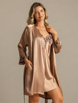 [Marrón] SilkSilky-ES 3/4 Sleeve V Neck Conjunto de camisón y bata 006