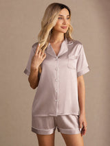 [Gris Sombra] SilkSilky-ES Short Sleeve Lapel Collar Pijamas de mujer 005