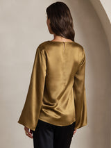 [Marrón] SilkSilky-ES Long Sleeve Boat Neck Blusa 002