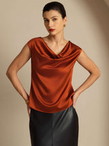 [Caramelo] SilkSilky-ES Cap Sleeve Cowl Neck Camisetas de Mujer 004