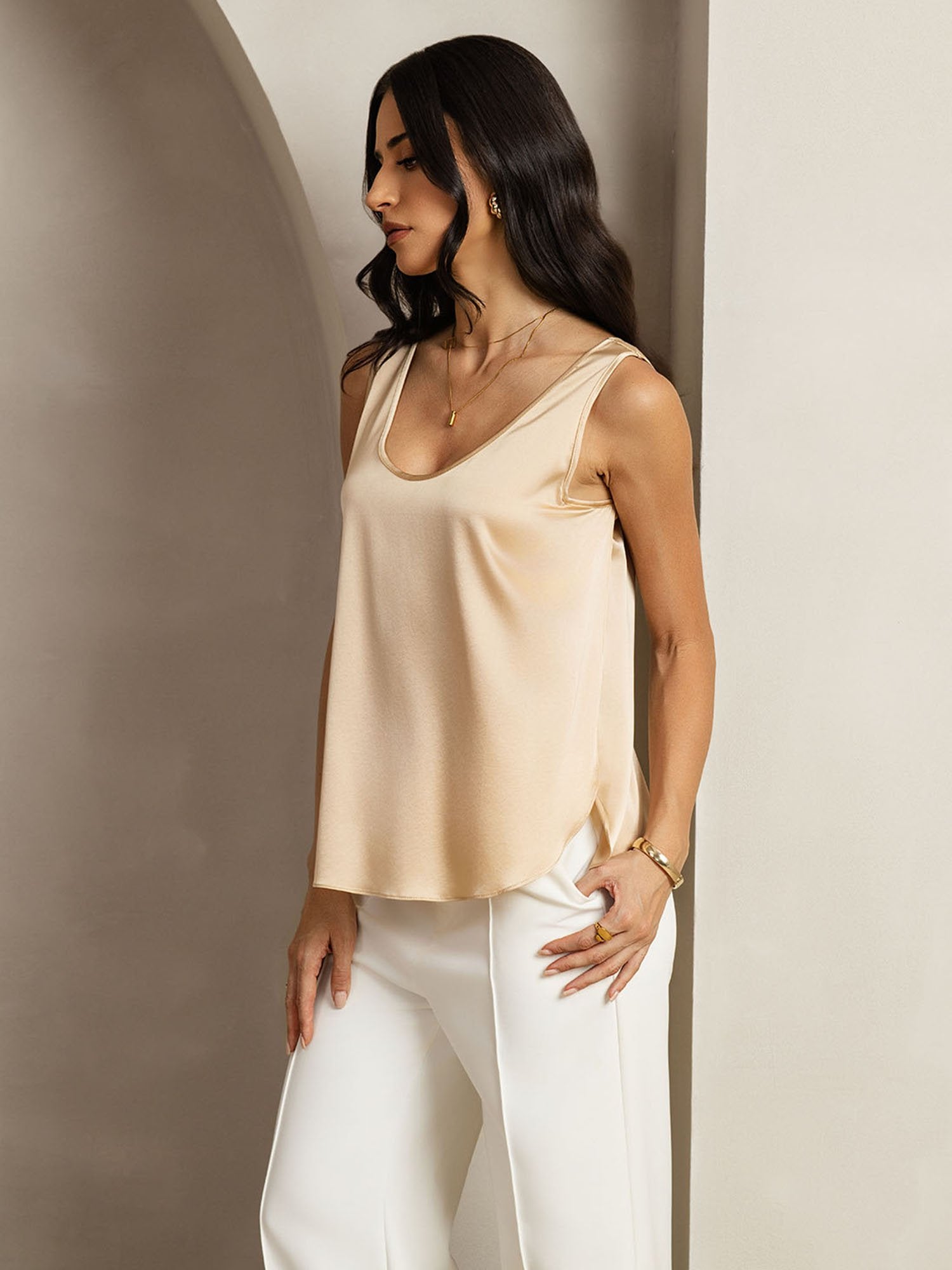 [Champán] SilkSilky-ES 19Momme Seda Cuello en U Camisetas de Mujer 007
