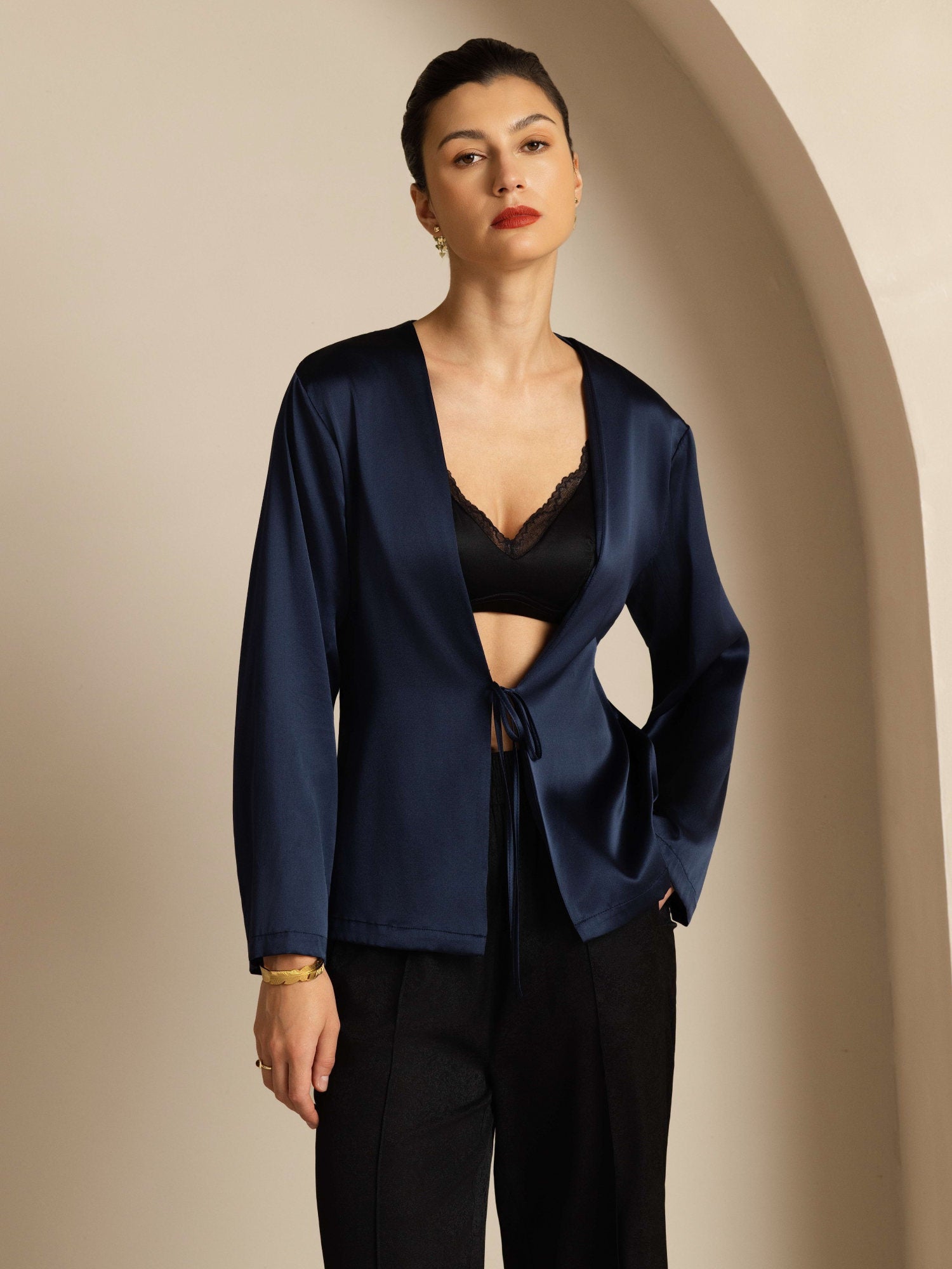 [Azul Oscuro] SilkSilky-ES 19Momme Seda Manga larga Womens Outerwear 001