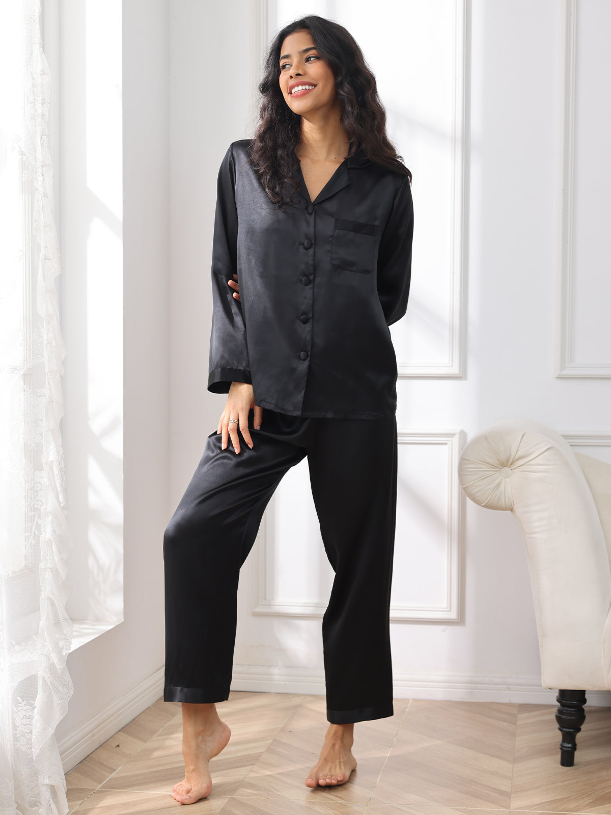 [Negro] SilkSilky-ES Seda Pura Womens Pajamas 005,