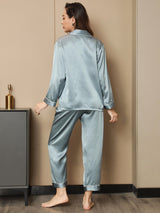 [Azul Acero] SilkSilky-ES Long Sleeve Lapel Collar Pijamas de mujer 003