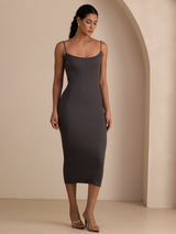 [Gris] SilkSilky-ES Spaghetti Strap Boat Neck Vestido 006