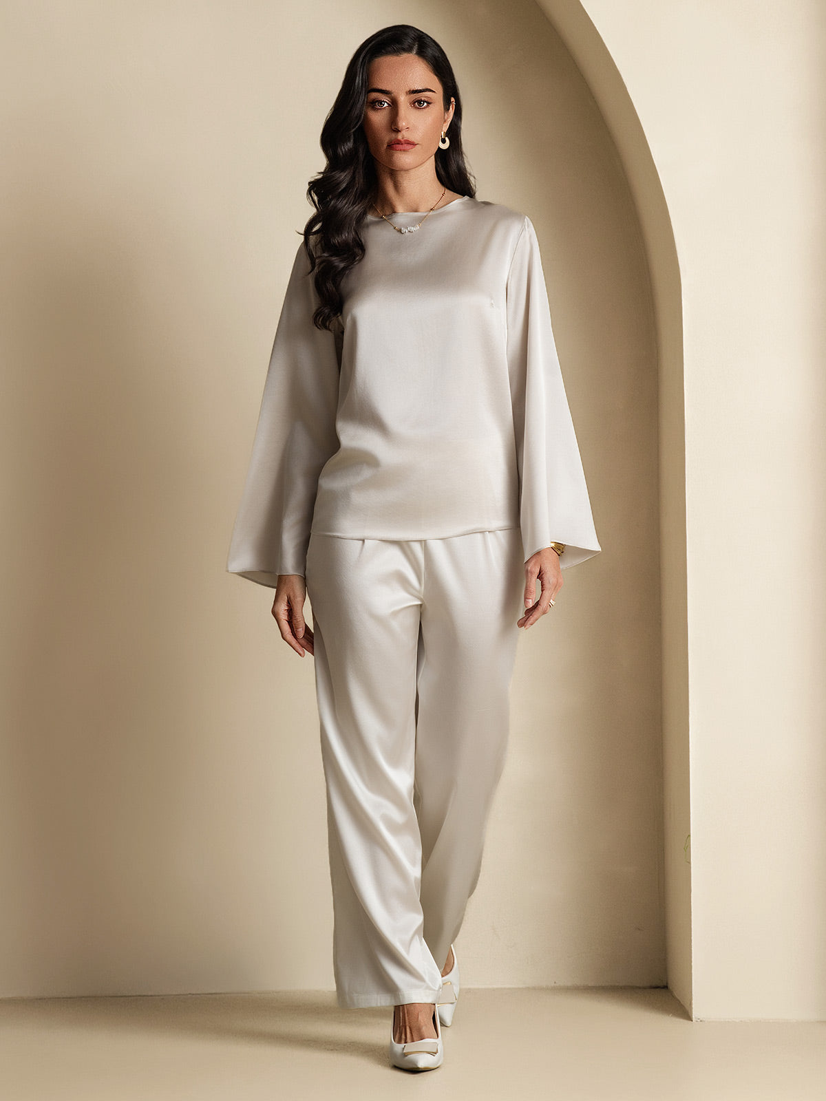 [Gris Claro] SilkSilky-ES 19Momme Seda Manga larga Blouse 006