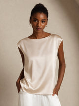 [Beige] SilkSilky-ES Cap Sleeve Round Neck Camisetas de Mujer 001