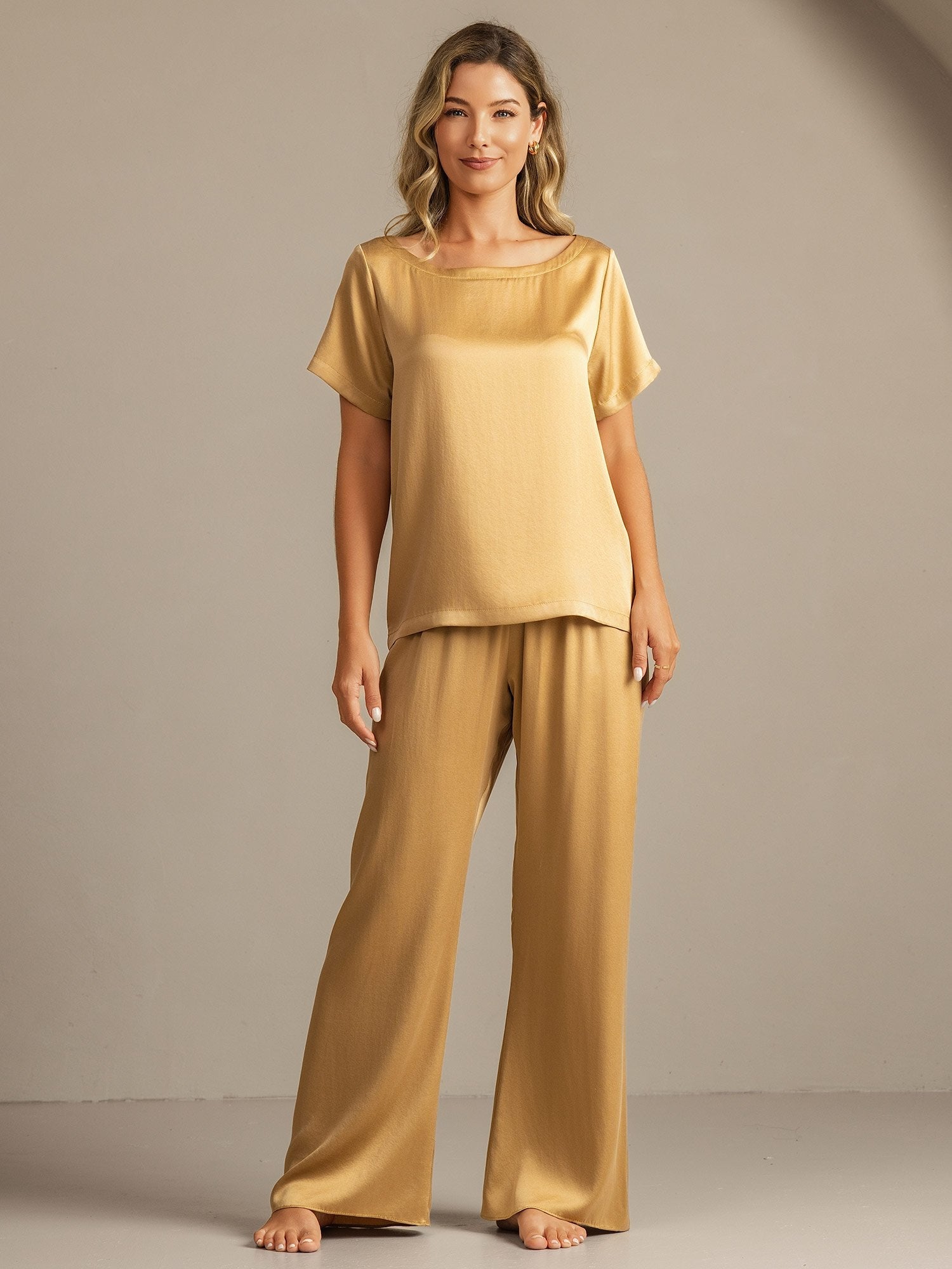 [MarrónClaro] SilkSilky-ES 19Momme Seda Womens Pajamas 008