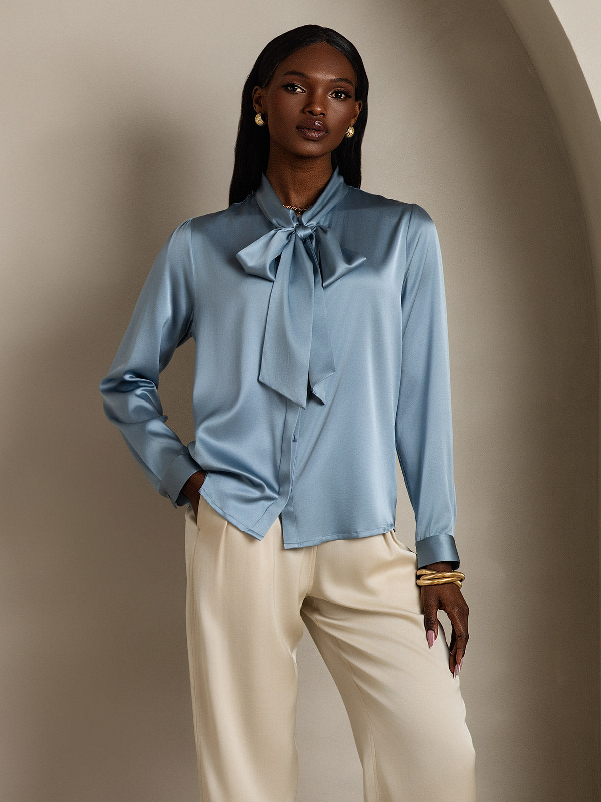 [Azul Grisáceo] SilkSilky-ES 19Momme Seda Manga larga Blouse 007