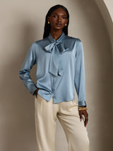 [Azul Grisáceo] SilkSilky-ES Long Sleeve Tie Neck Blusas 007
