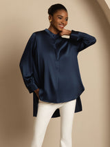 [Azul Oscuro] SilkSilky-ES 19Momme Manga larga Cuello Alto Blusa 006