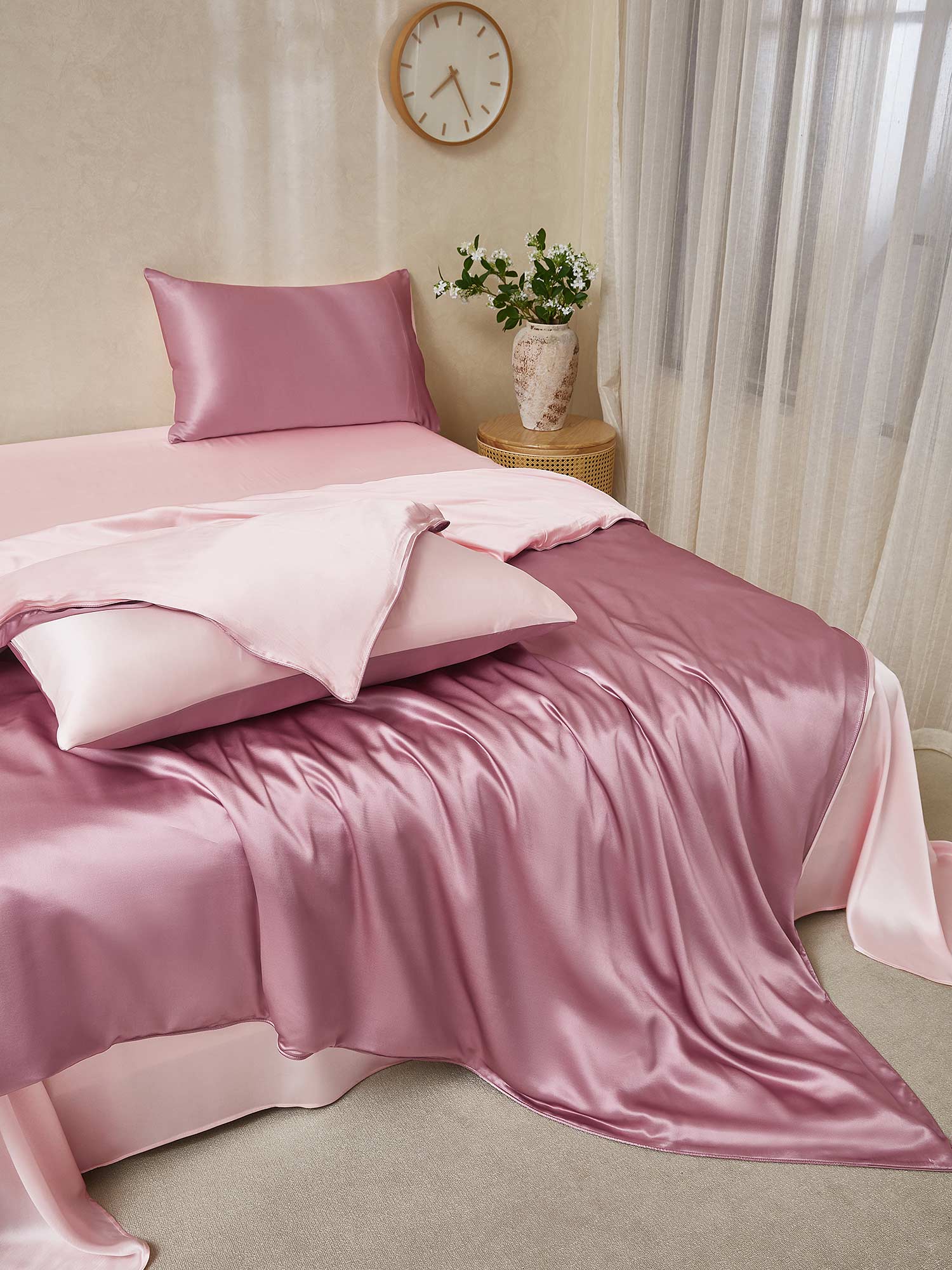 [MalvaPálido+RosaClaro] SilkSilky-ES 22Momme Seda Pura Bedding Set 001,