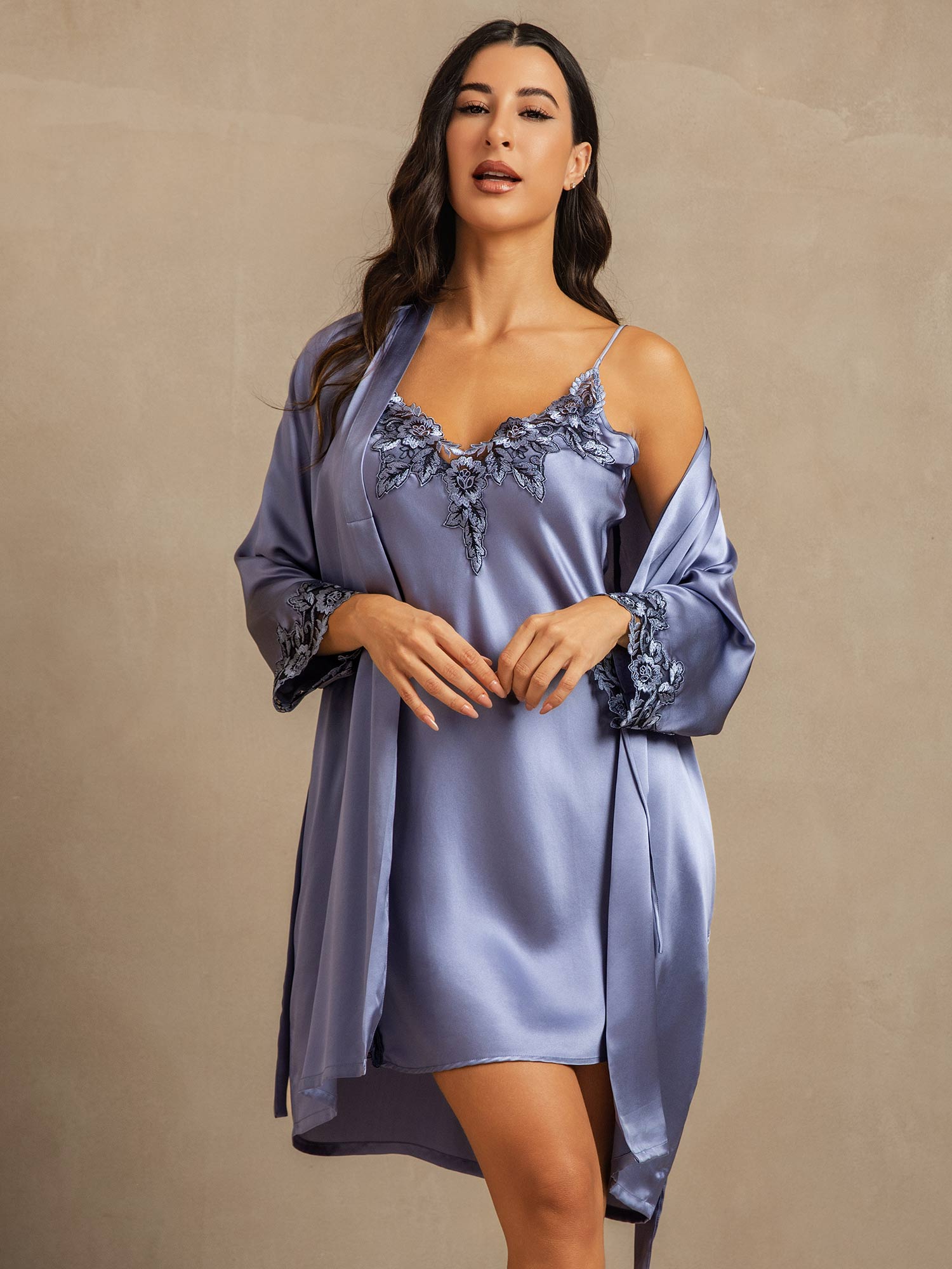 [Azul Acero] SilkSilky-ES Manga francesa Nightgown&Robe Set 003