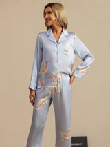 [Azul Claro] SilkSilky-ES Long Sleeve Lapel Collar Pijamas de mujer 003