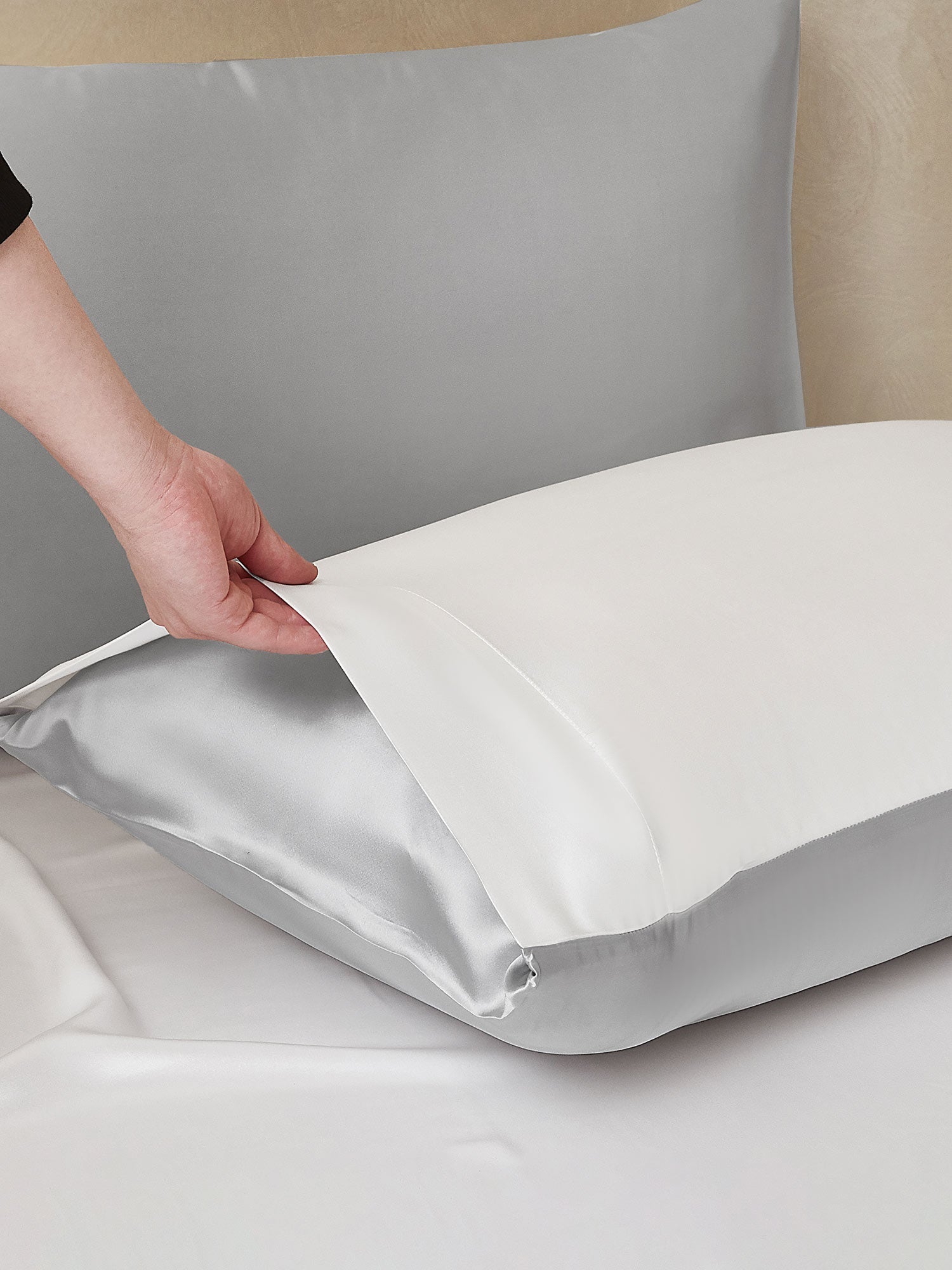 [GrisClaro+Blanco] SilkSilky-ES 25Momme Seda Pura Bedding Set 005,