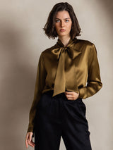 [Marrón] SilkSilky-ES Long Sleeve Tie Neck Blusas 007