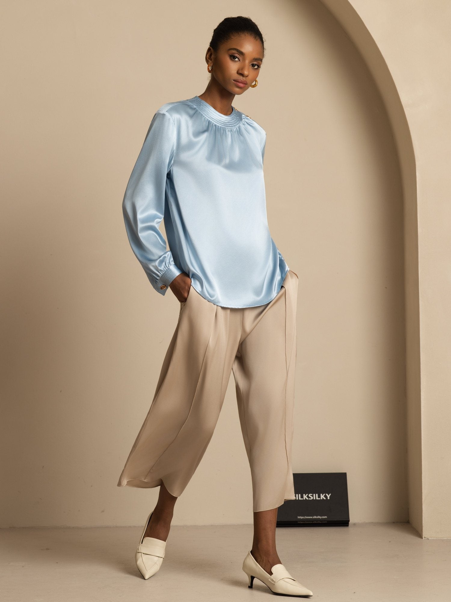 [AzulGrisáceo] SilkSilky-ES 19Momme Seda Manga larga Cuello Redondo Blusa 007