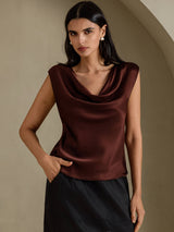 [Chocolate Negro] SilkSilky-ES Cap Sleeve Cowl Neck Camisetas de Mujer 005