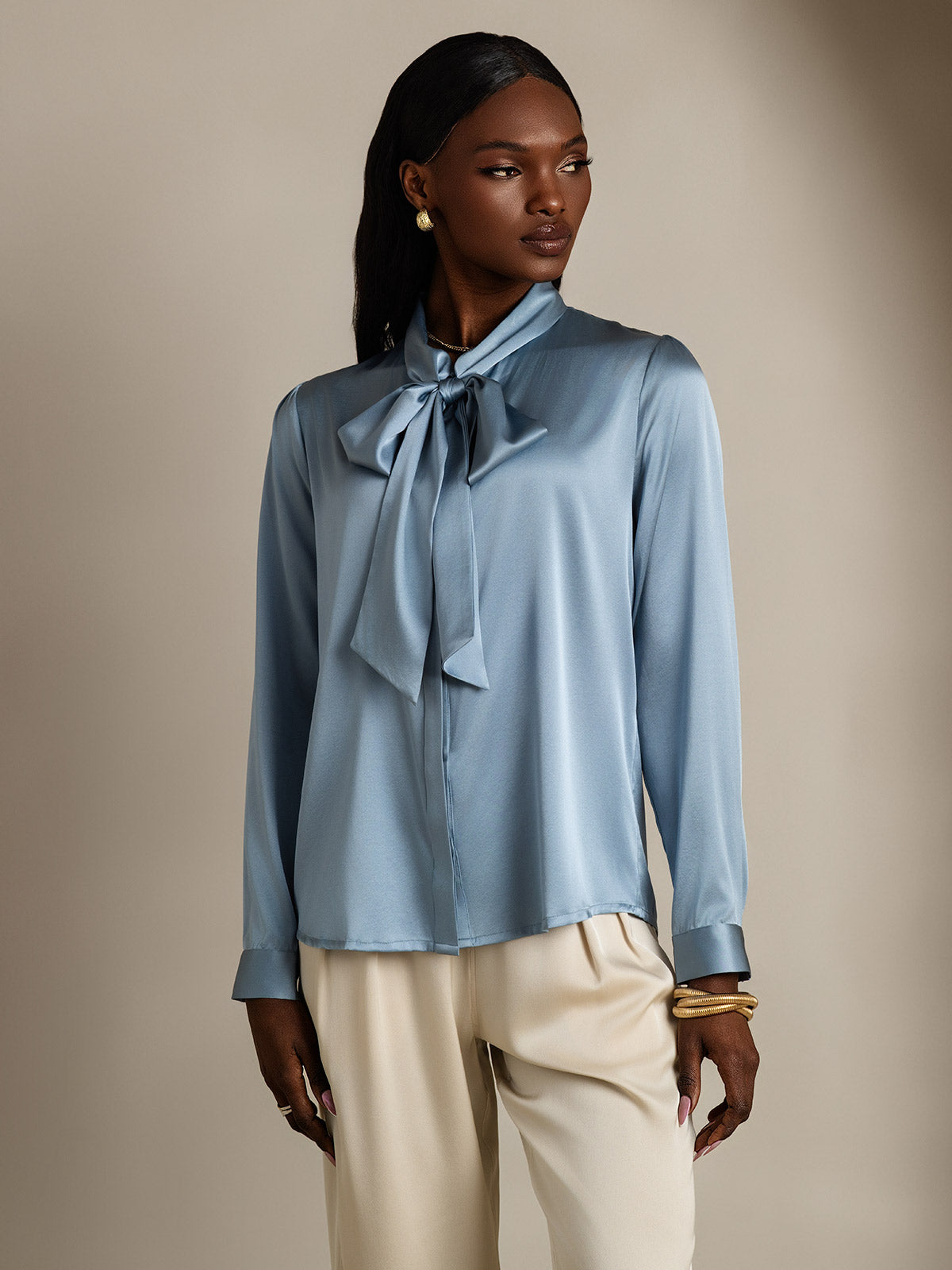 [Azul Grisáceo] SilkSilky-ES 19Momme Seda Manga larga Blouse 004