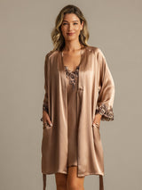[Marrón] SilkSilky-ES 3/4 Sleeve V Neck Conjunto de camisón y bata 003