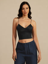 [Negro] SilkSilky-ES Spaghetti Strap V Neck Top de tirantes 001
