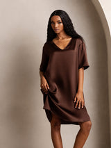 [Marrón] SilkSilky-ES Half Sleeve V Neck Camisón 001