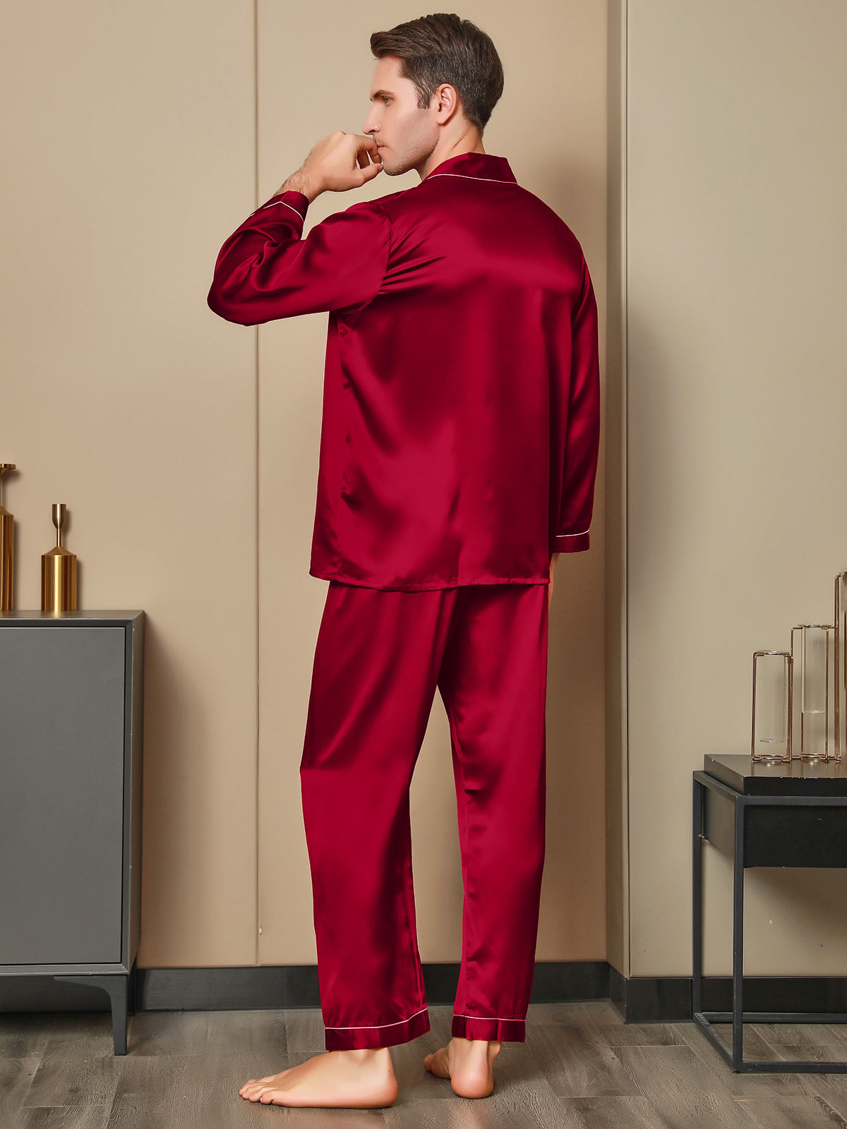 [Rojo] SilkSilky-ES 19Momme Seda Pura Mens Pajamas 002