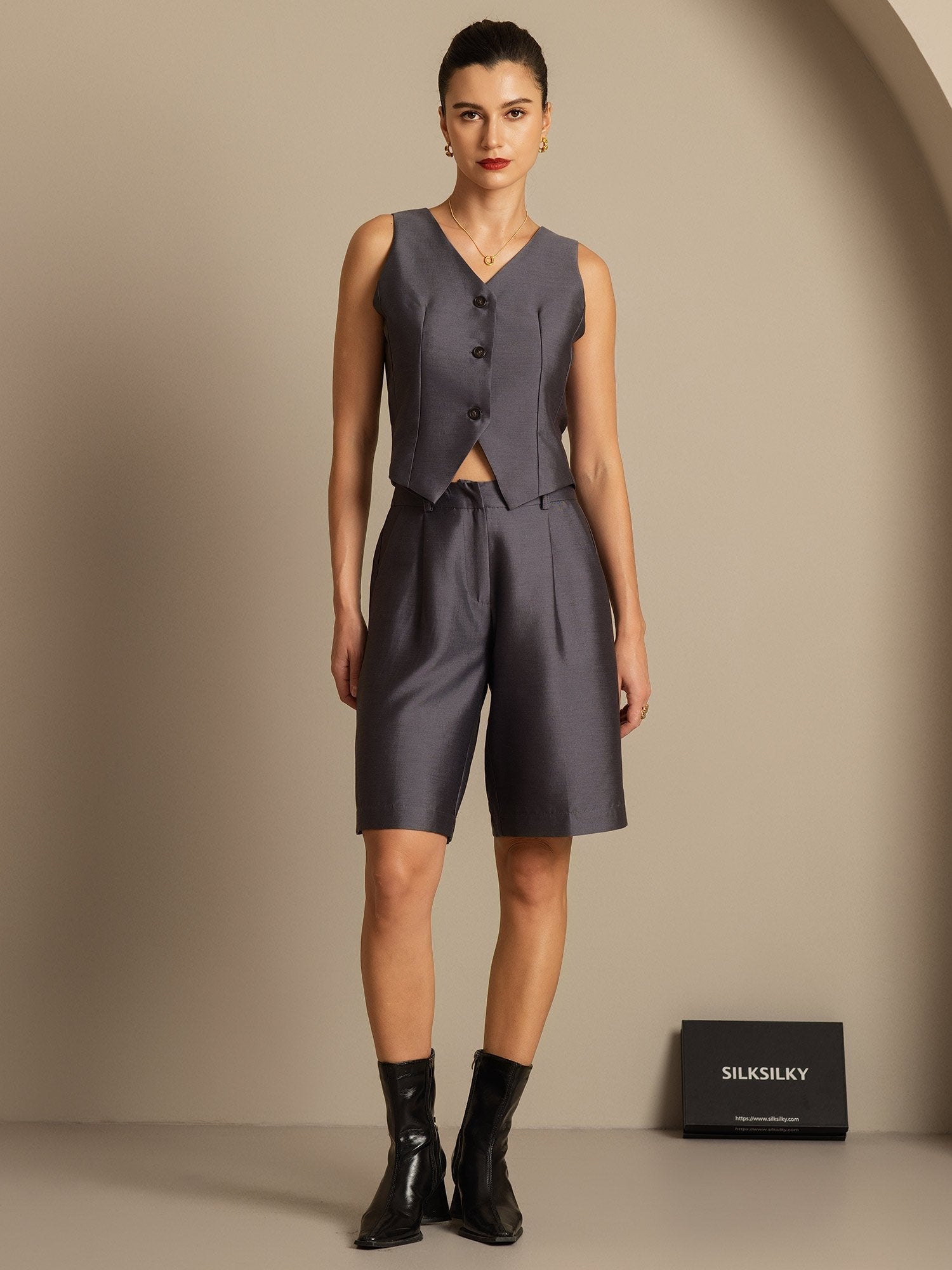 [Gris] SilkSilky-ES 32Momme Silk-Wool Blend Cuello en V Chaleco Mujer 001,