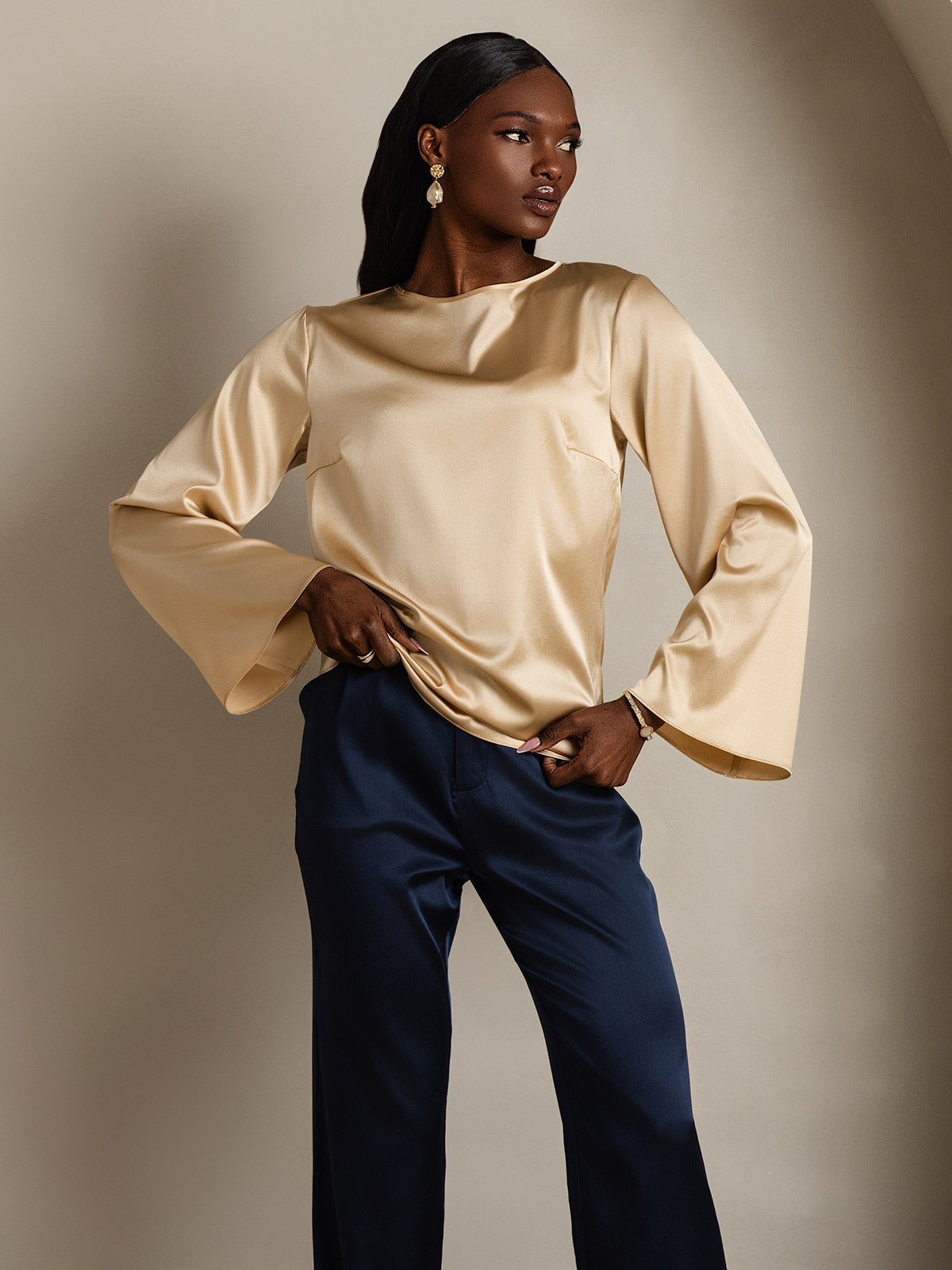 [Champán] SilkSilky-ES 19Momme Seda Manga larga Blouse 003