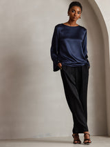 [Azul Oscuro] SilkSilky-ES Long Sleeve Boat Neck Blusa 006