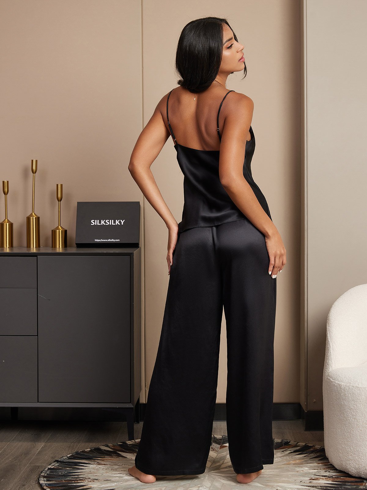 [Negro] SilkSilky-ES Seda Pura Cuello en V Conjunto de tirantes 002,