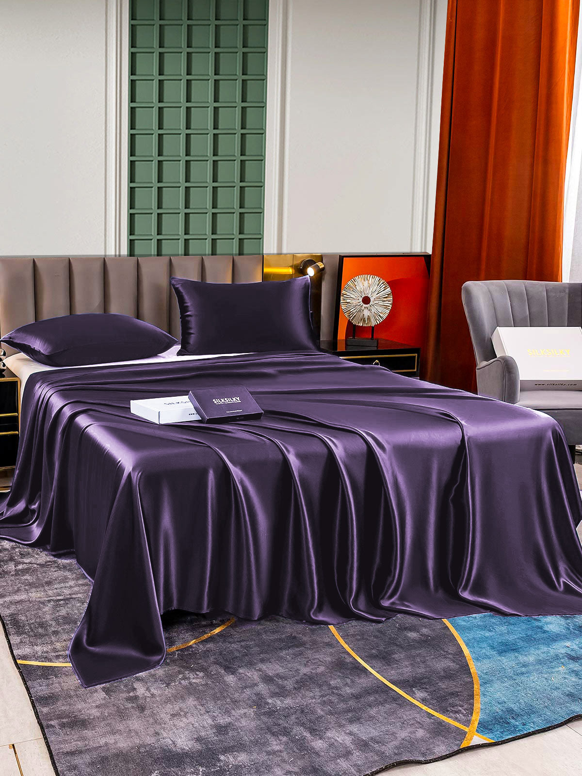 [Morado Oscuro] SilkSilky-ES 22Momme Seda Pura Bedding Set 003,