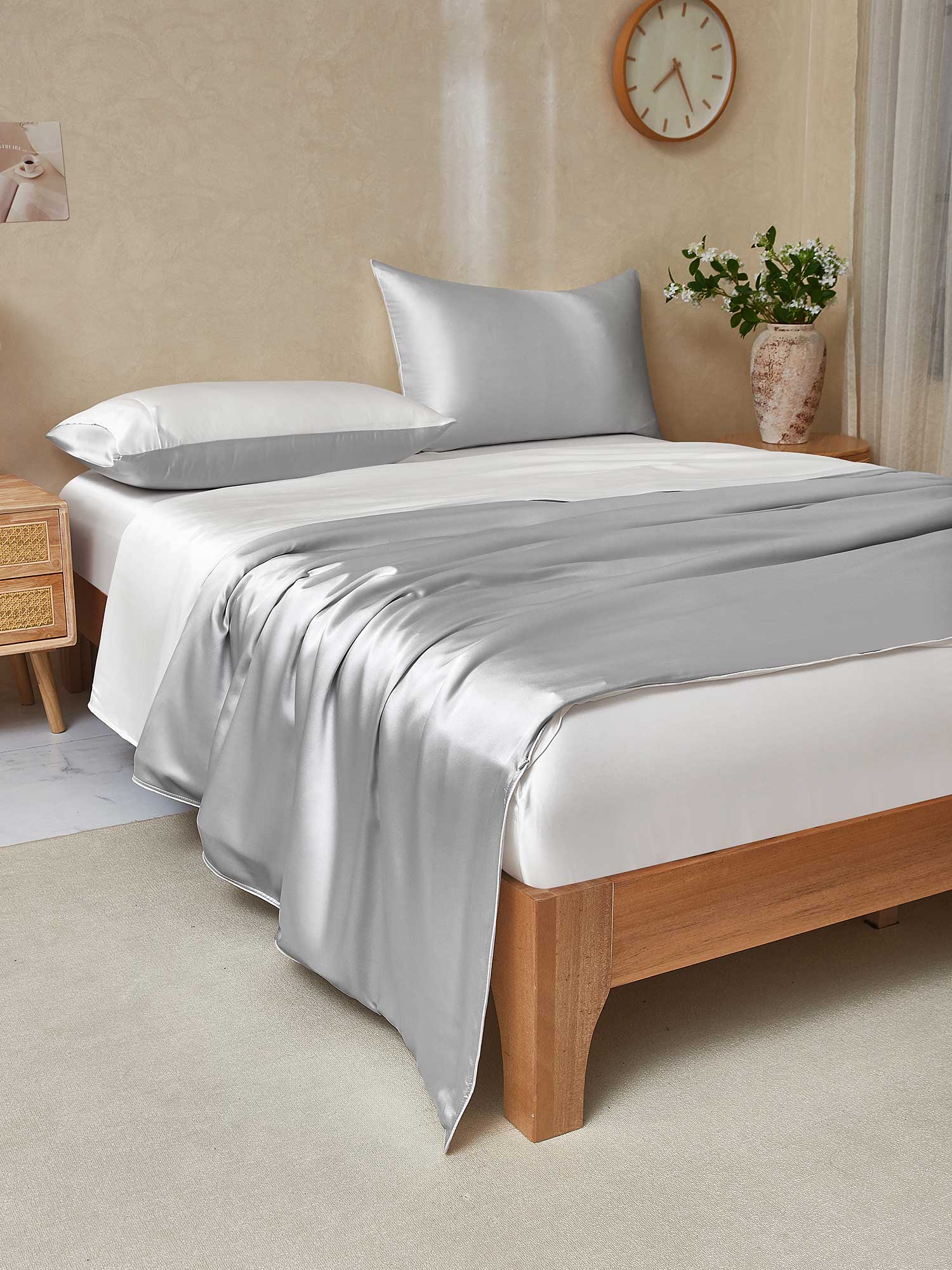 [GrisClaro+Blanco] SilkSilky-ES 19Momme Seda Pura Bedding Set 003,