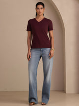 [Vino] SilkSilky-ES Short Sleeve V Neck Camisetas de Mujer 005
