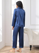 [Azul Oscuro] SilkSilky-ES Long Sleeve Lapel Collar Pijamas de mujer 002