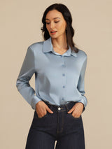 [Azul Grisáceo] SilkSilky-ES Long Sleeve Lapel Collar Blusas de Mujer 005