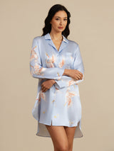 [Azul Claro] SilkSilky-ES Long Sleeve Lapel Collar Camisas de dormir 003