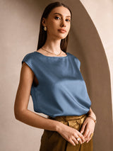 [Verde Azulado Real] SilkSilky-ES Cap Sleeve Round Neck Camisetas de Mujer 003