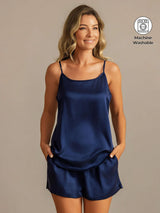 [Azul Oscuro] SilkSilky-ES 19Momme Seda Sin mangas Camisole Set 001