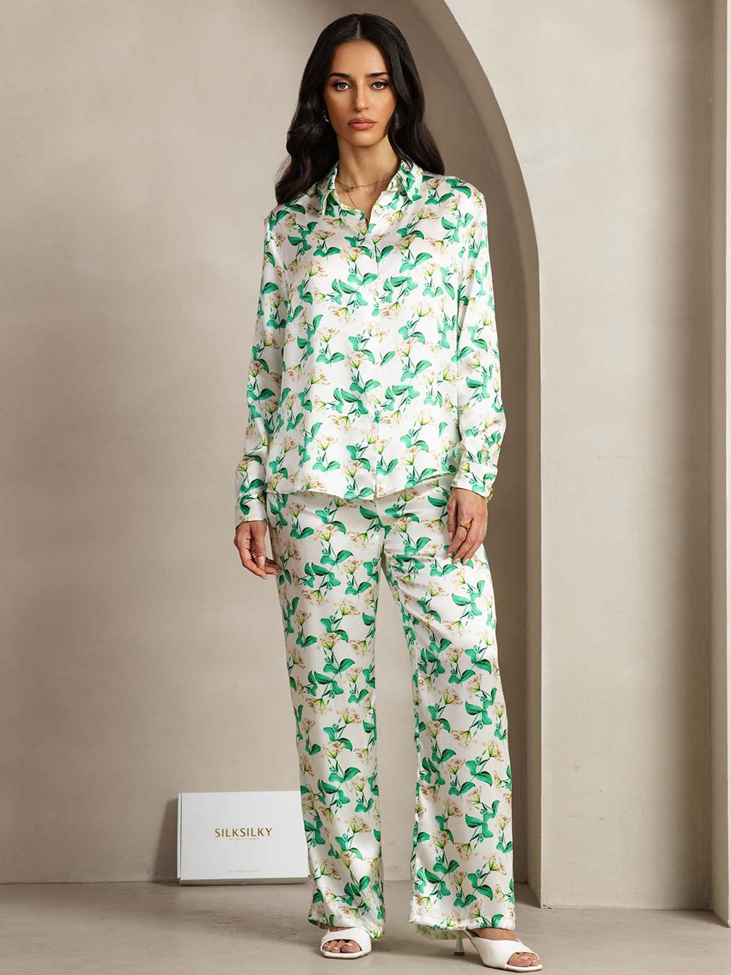 [FloralVerde] SilkSilky-ES 19Momme Seda Lapel Collar Women''s Outfit Sets 001