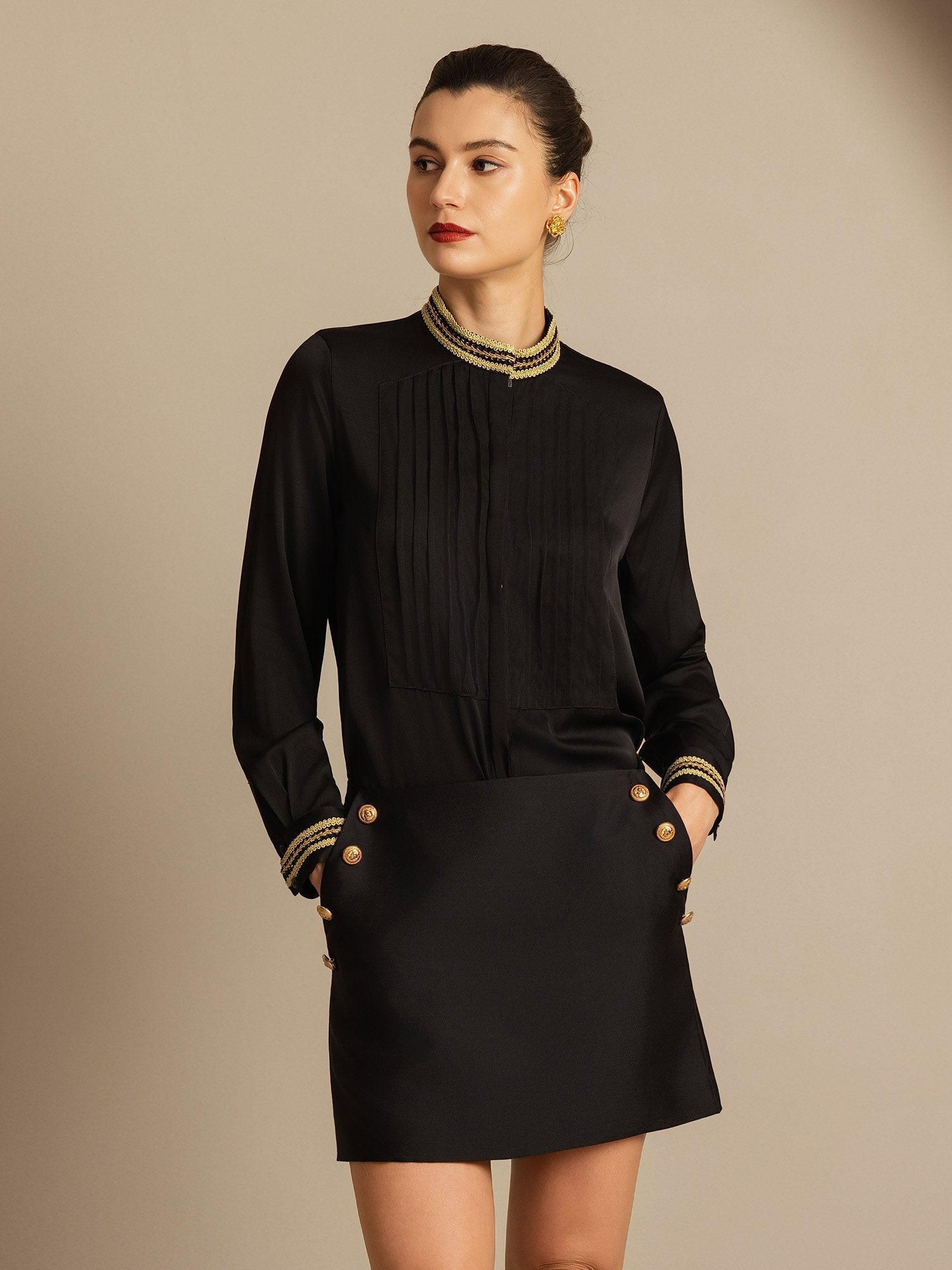 [Negro] SilkSilky-ES 32Momme Silk-Wool Blend Skirt 008,