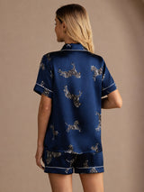 [Cebra Azul Marino] SilkSilky-ES Short Sleeve Lapel Collar Pijamas de mujer 002