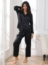[Negro] SilkSilky-ES Long Sleeve Lapel Collar Pijamas de mujer 005