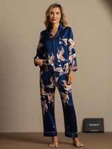[Azul Oscuro] SilkSilky-ES Long Sleeve Lapel Collar Pijamas de mujer 007