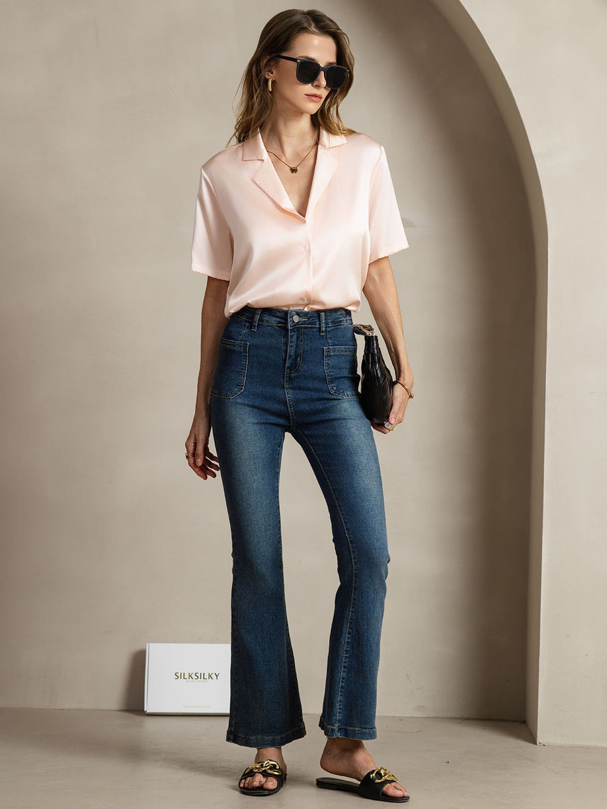 [Rosa] SilkSilky-ES 19Momme Seda Escote V Blusas de Mujer 008