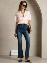 [Rosa] SilkSilky-ES Short Sleeve Lapel Collar Blusas de Mujer 007